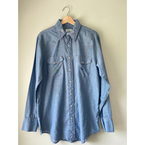 Vintage JCPenney Embroidered Chambray Western Pearl Snap – XL - Picture 1 of 7